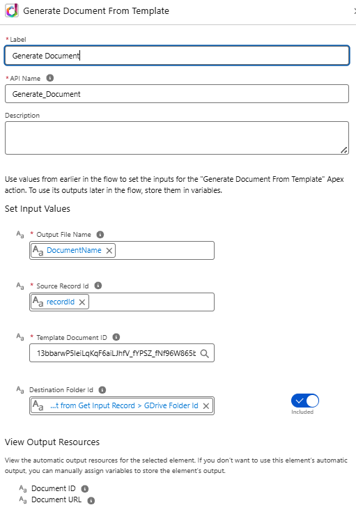 Document generation apex action params