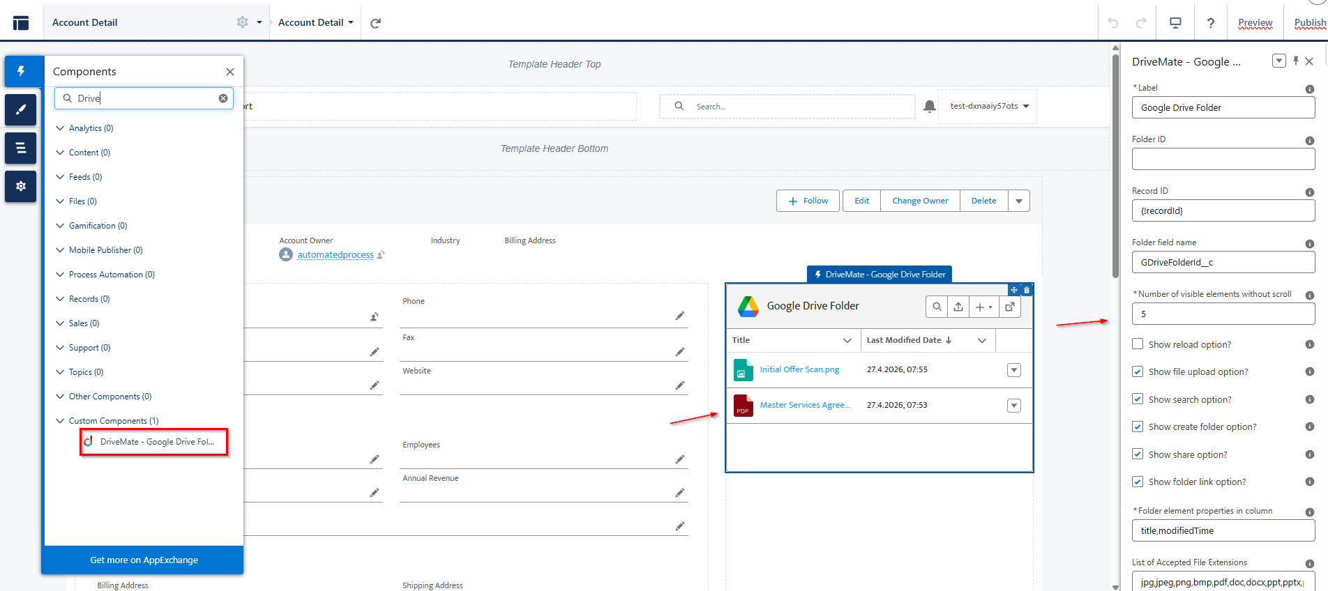 Google Drive Folder component props config on Experience Cloud page