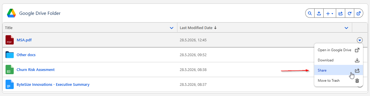 DriveMate Google Drive Folder component - share individual file action