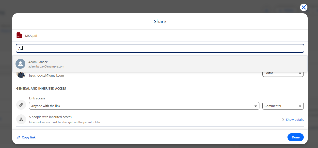 DriveMate Google Drive Folder component - share modal general view