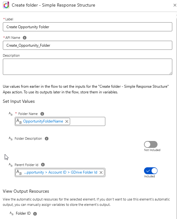 Create Opportunity Folder action configuration
