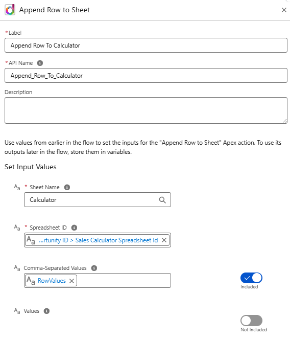 Append Row to Sheet action configuration