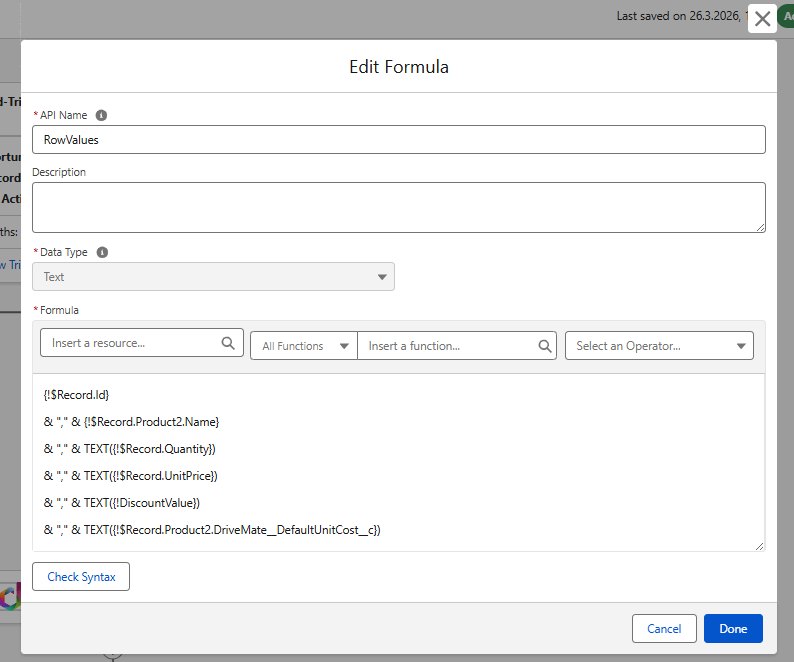 RowValues formula configuration