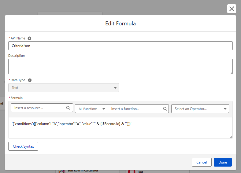 CriteriaJson formula configuration