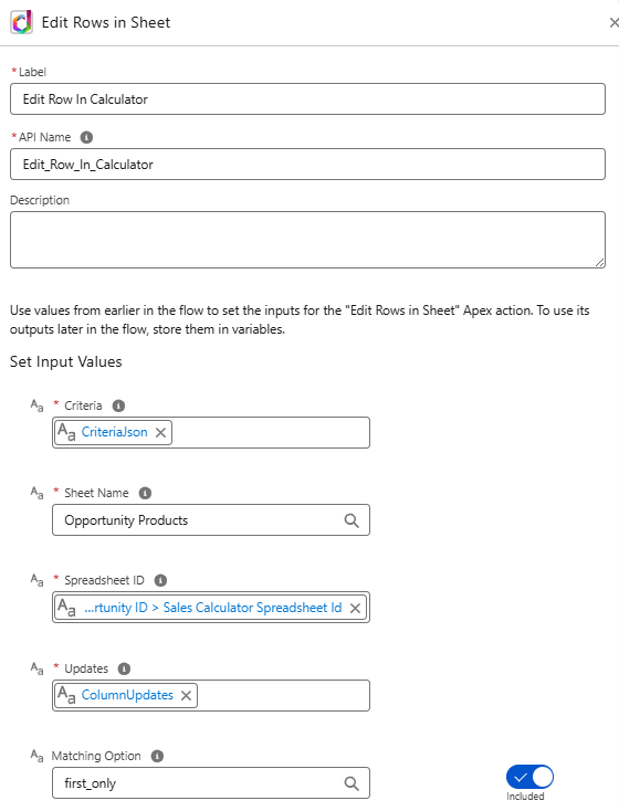 Edit Rows in Sheet action configuration