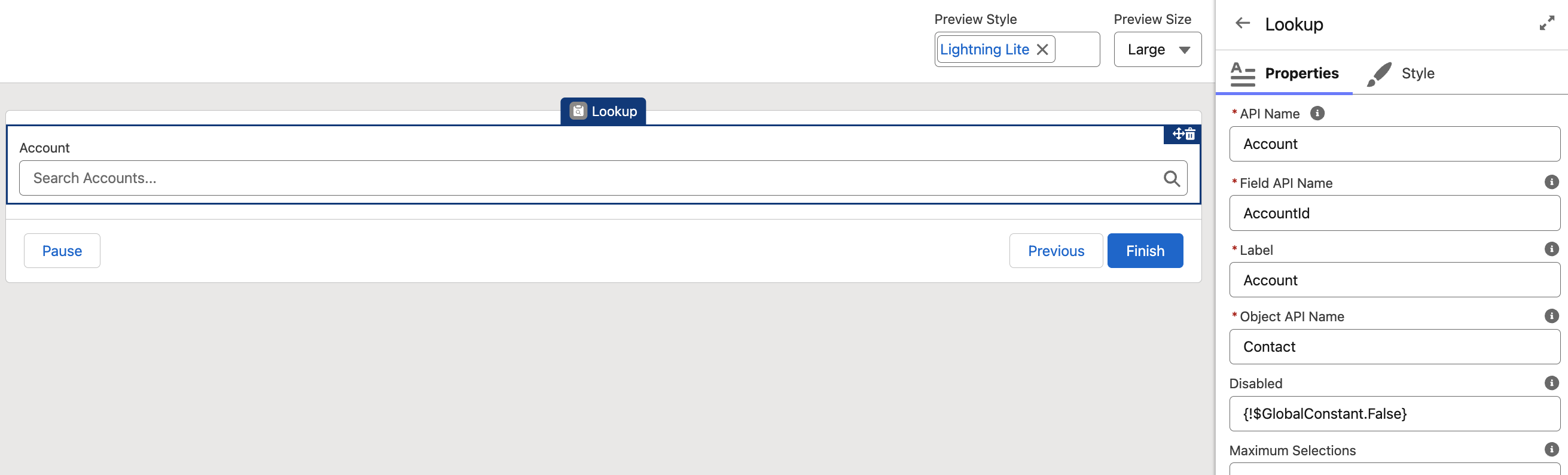 Sample Lookup component configuration