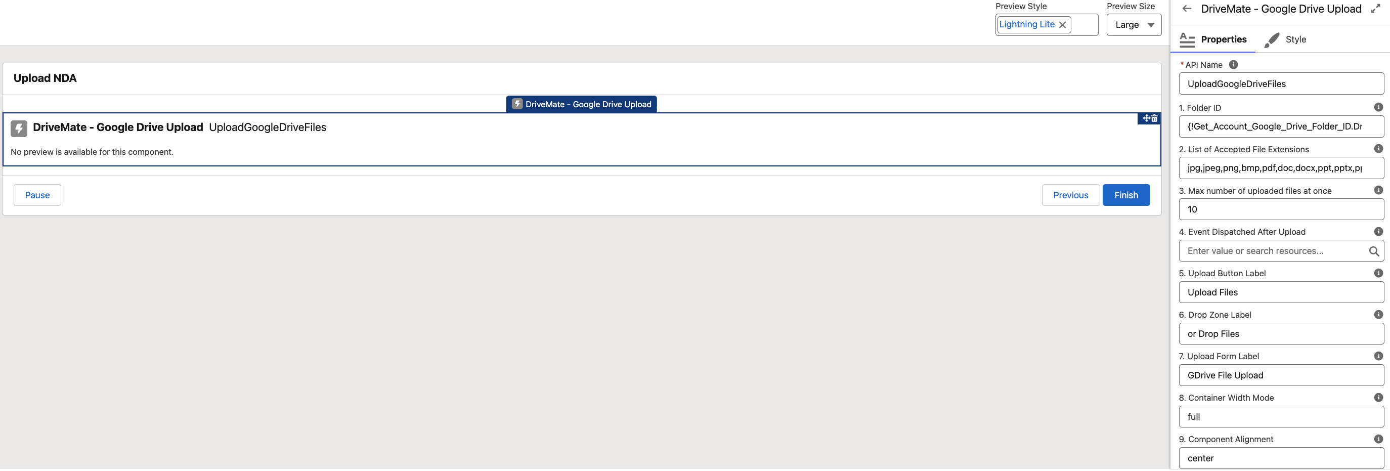 Sample Upload a File component configuration